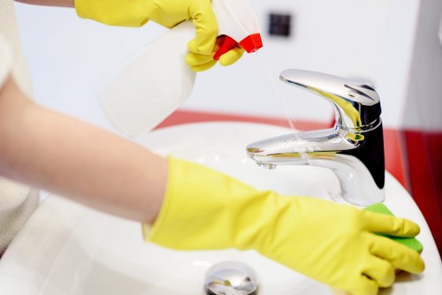 Cleaning professional using PPE while working in a property